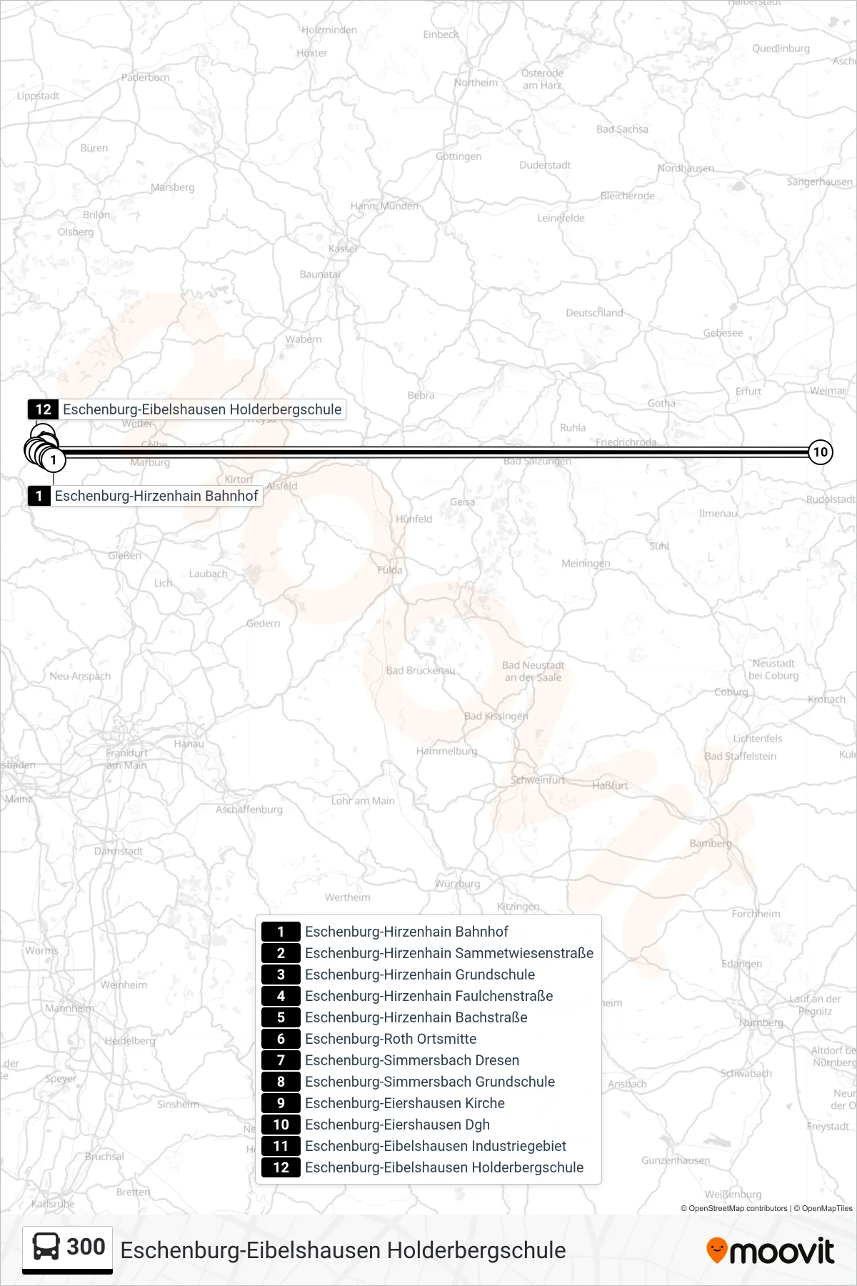 300 bus Line (Eschenburg-Eibelshausen Holderbergschule) route and stops on a map