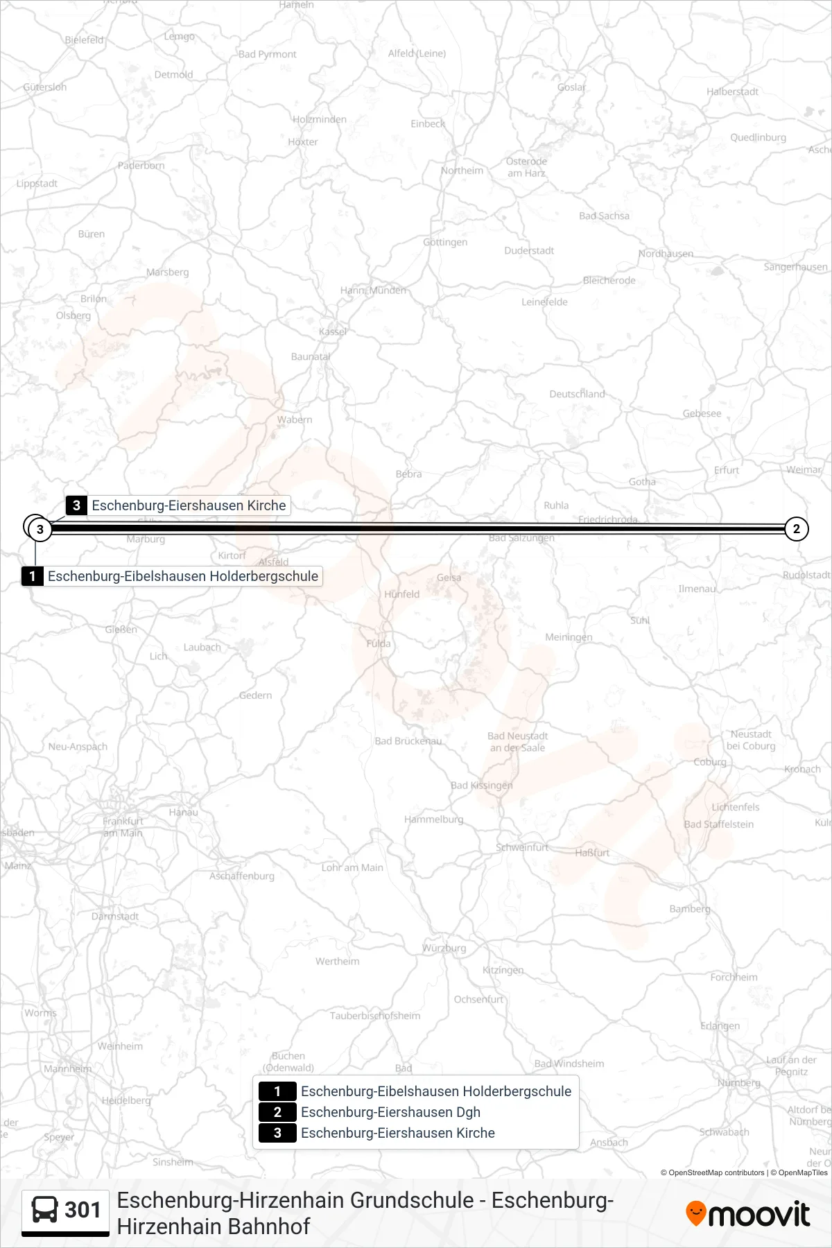 301 bus Line (Eschenburg-Eiershausen Kirche) route and stops on a map