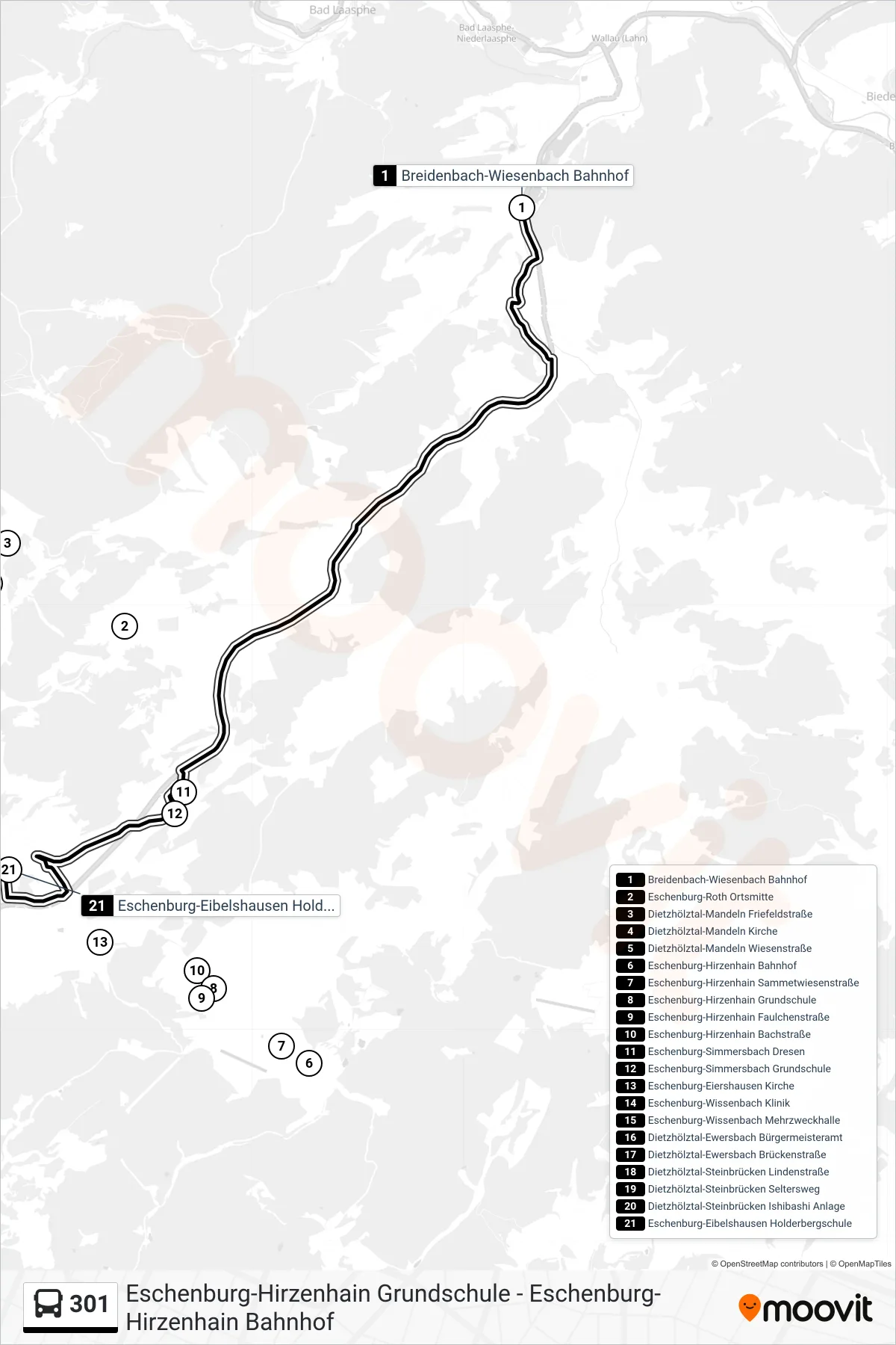301 bus Line (Eschenburg-Eibelshausen Holderbergschule) route and stops on a map