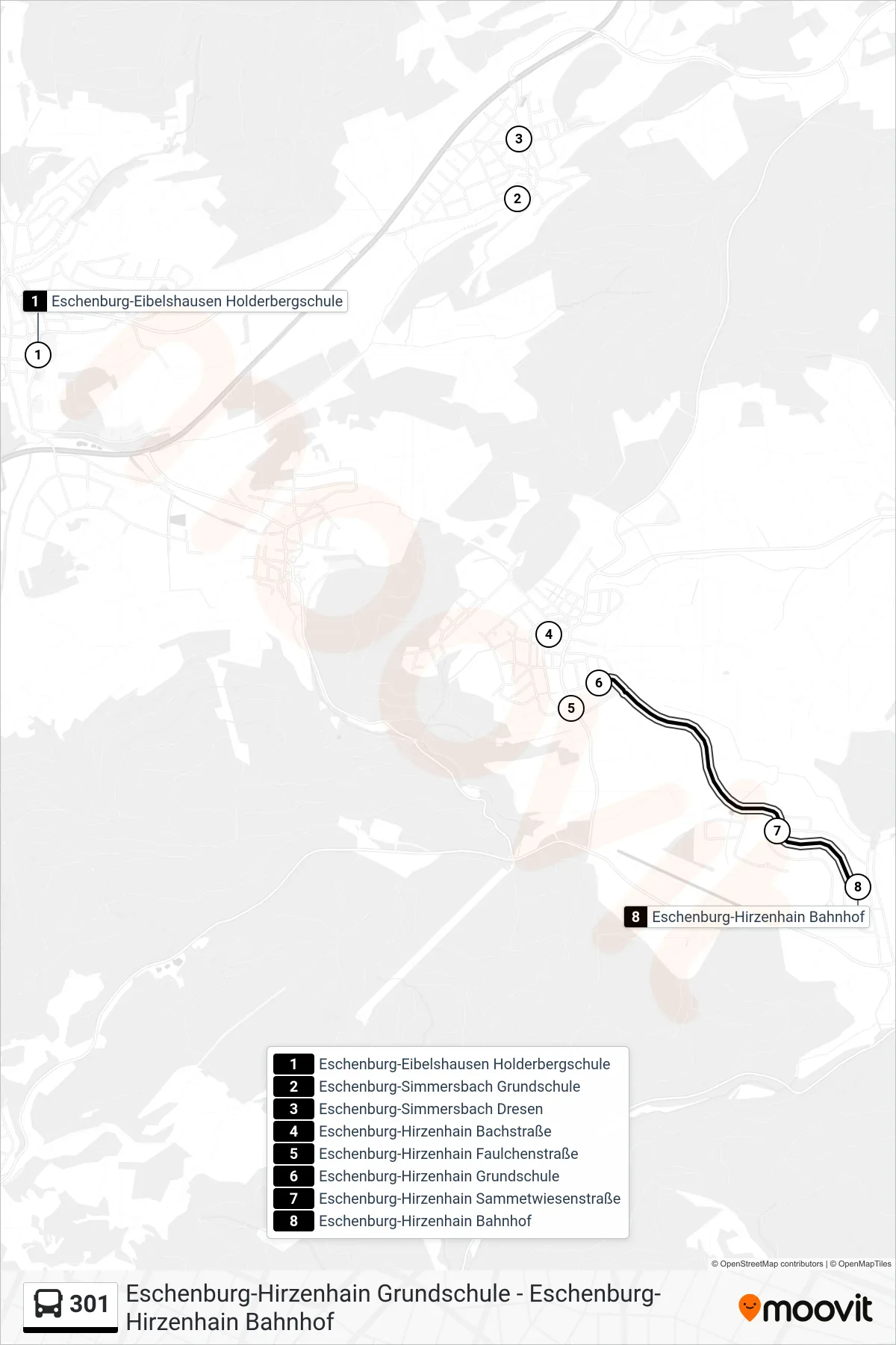 301 bus Line (Eschenburg-Hirzenhain Bahnhof) route and stops on a map