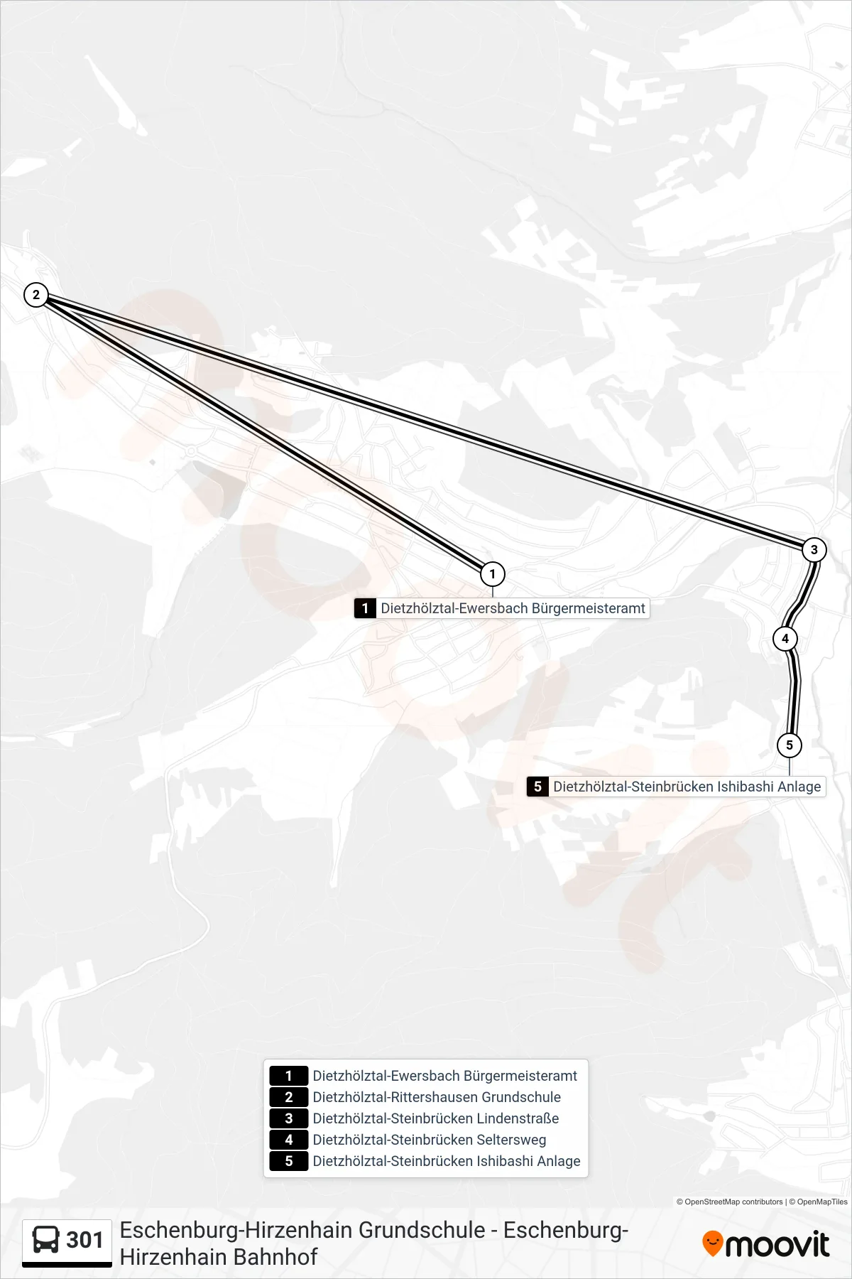 301 bus Line (Dietzhölztal-Steinbrücken Ishibashi Anlage) route and stops on a map
