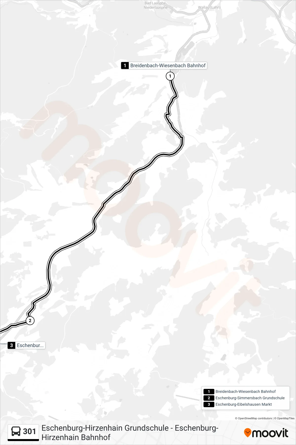 301 bus Line (Eschenburg-Eibelshausen Markt) route and stops on a map