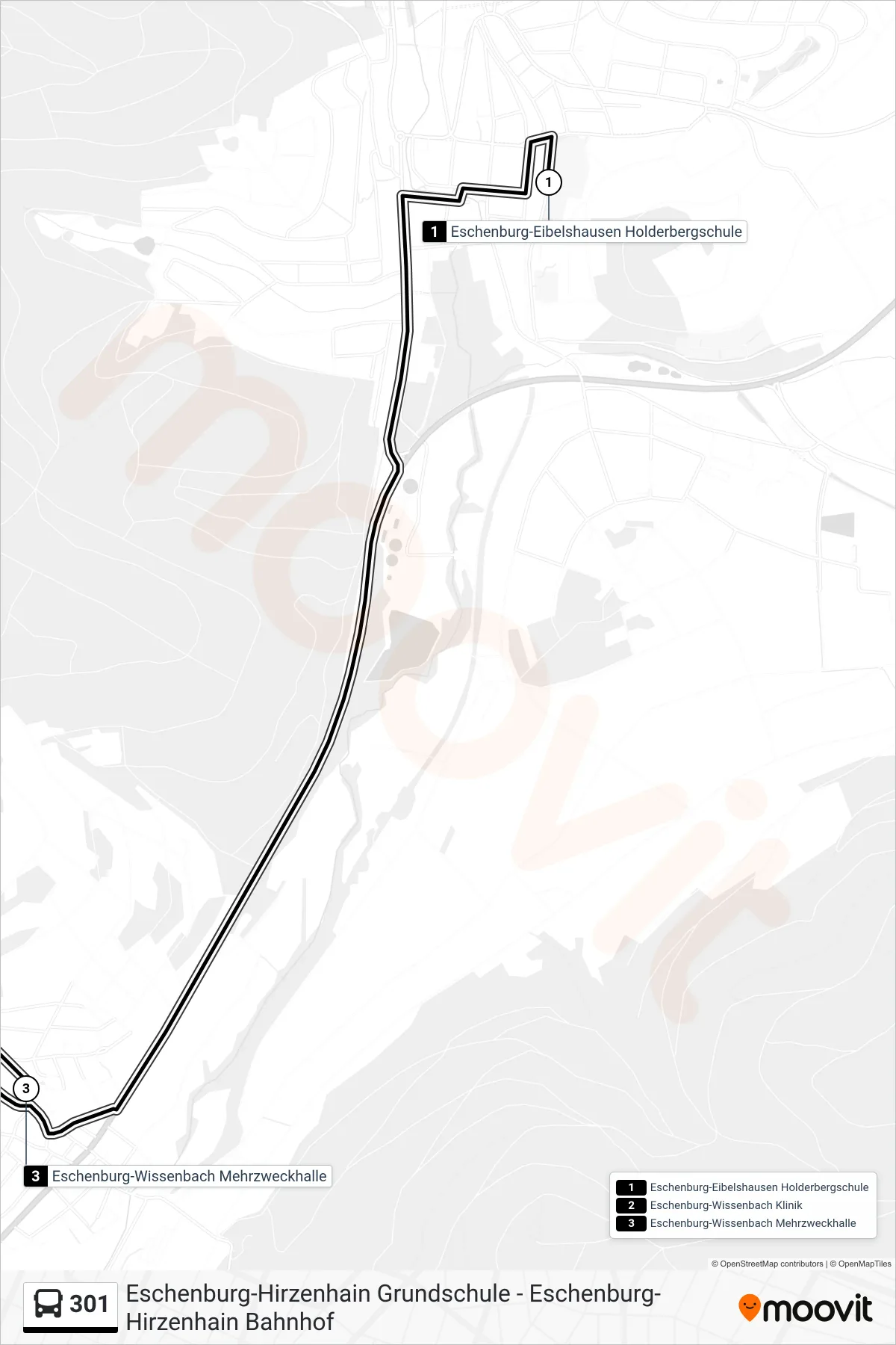 301 bus Line (Eschenburg-Wissenbach Mehrzweckhalle) route and stops on a map
