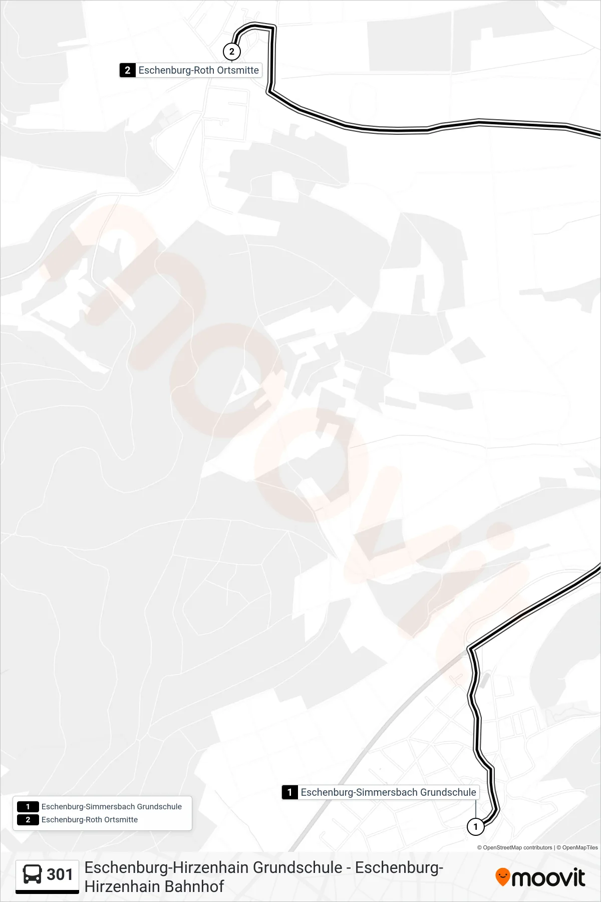 301 bus Line (Eschenburg-Roth Ortsmitte) route and stops on a map