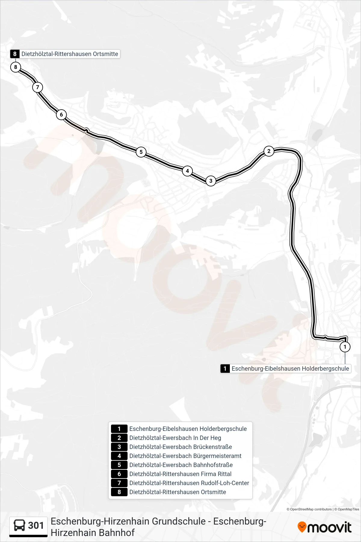 301 bus Line (Dietzhölztal-Rittershausen Ortsmitte) route and stops on a map