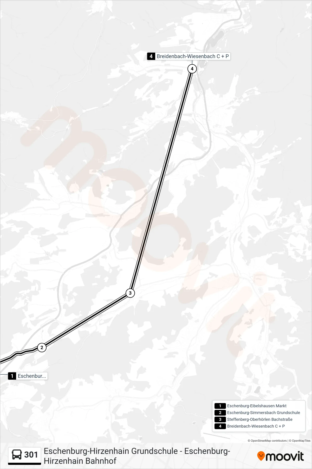 301 bus Line (Breidenbach-Wiesenbach C + P) route and stops on a map