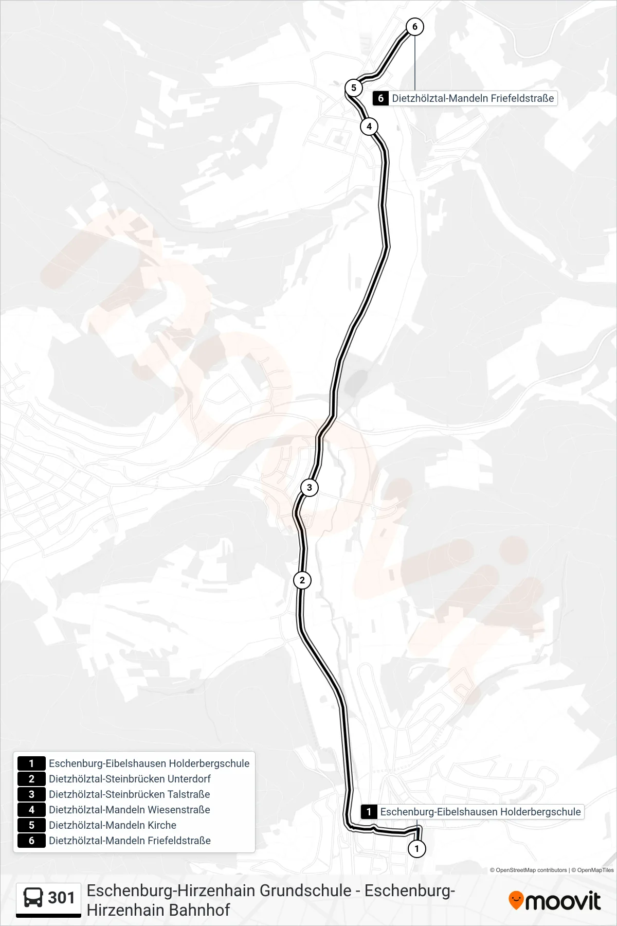 301 bus Line (Dietzhölztal-Mandeln Friefeldstraße) route and stops on a map