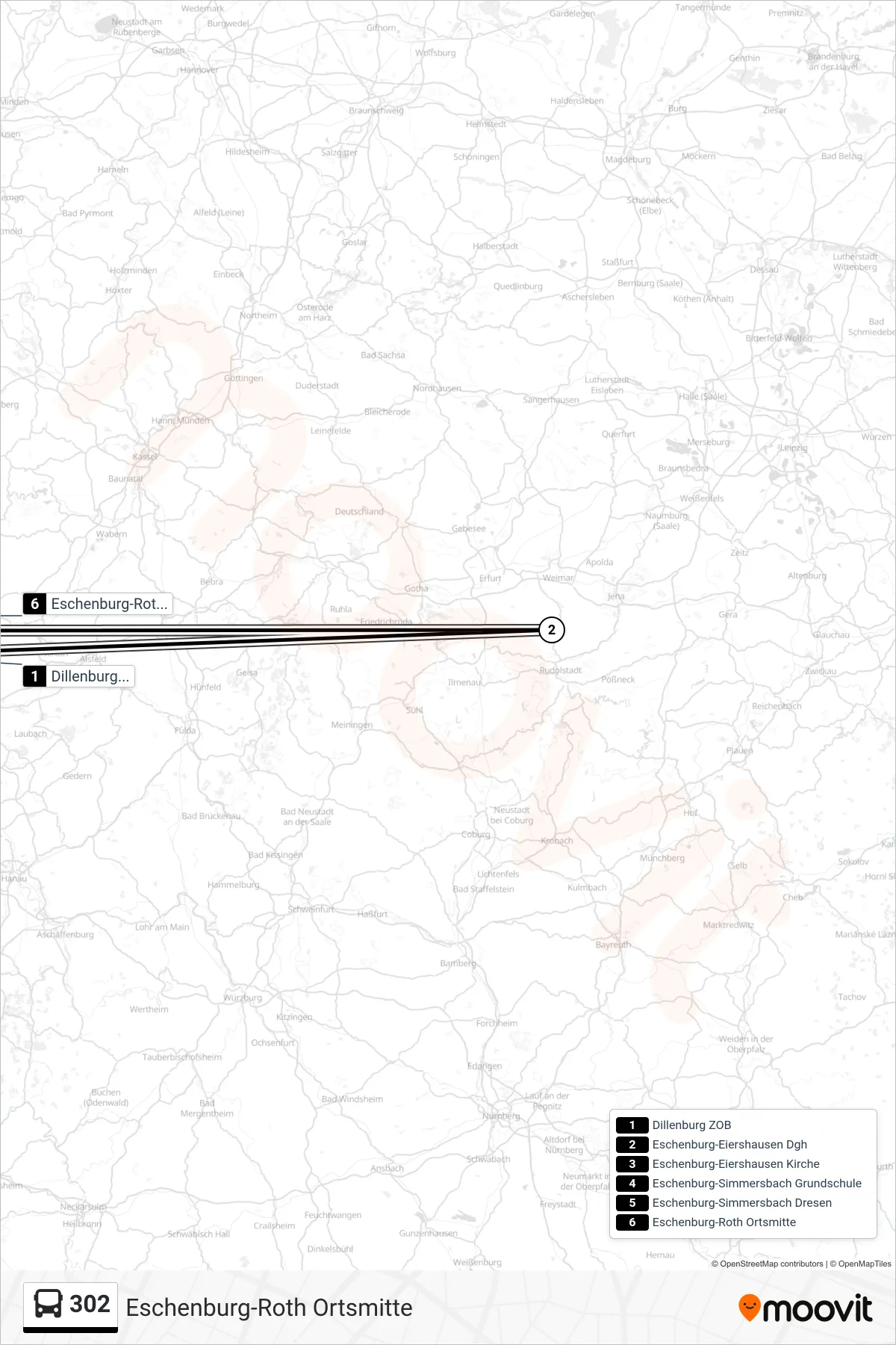 302 bus Line (Eschenburg-Roth Ortsmitte) route and stops on a map