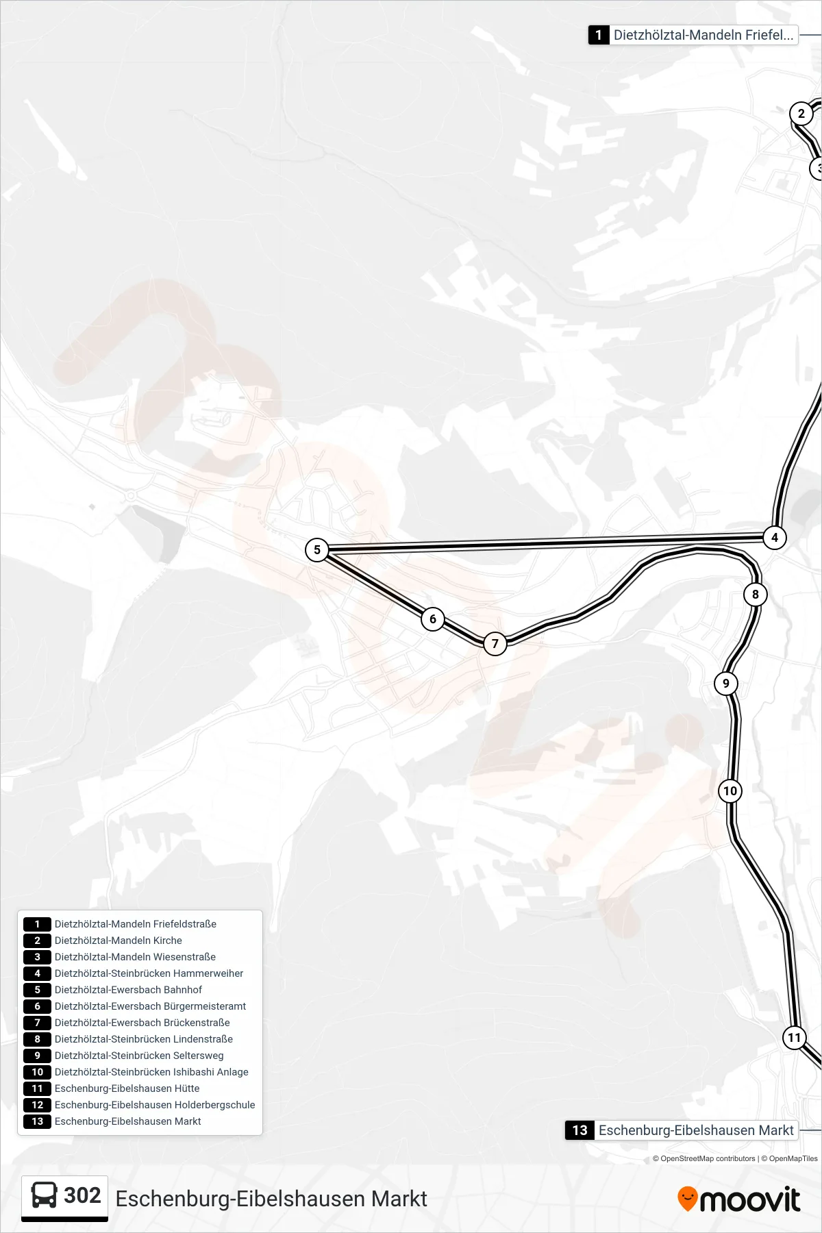 302 bus Line (Eschenburg-Eibelshausen Markt) route and stops on a map