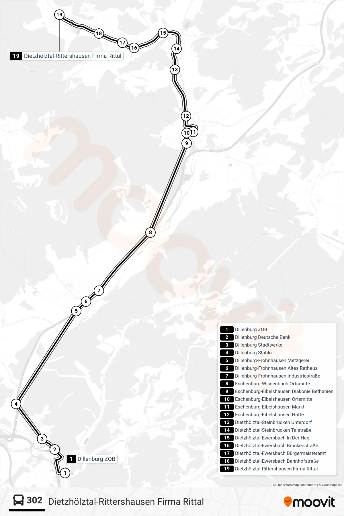 302 bus Line (Dietzhölztal-Rittershausen Firma Rittal) route and stops on a map