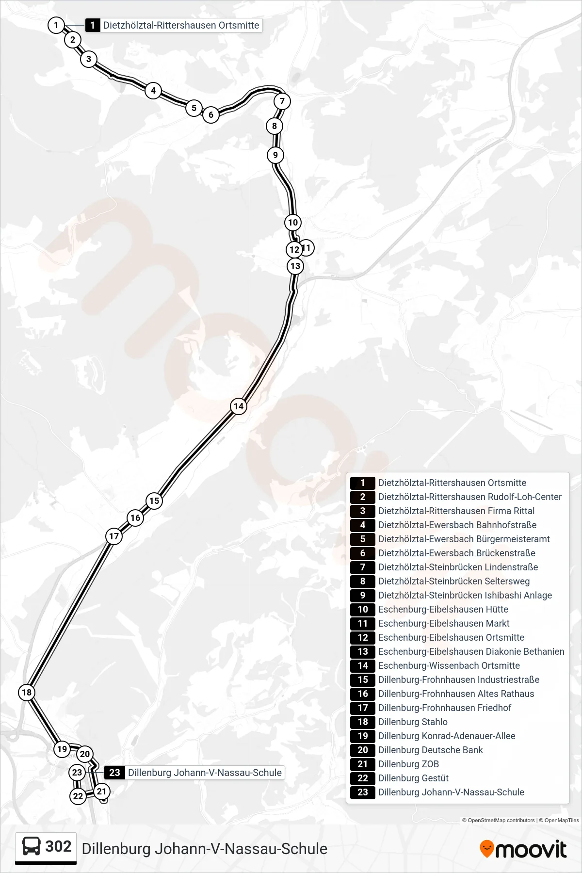 302 bus Line (Dillenburg Johann-V-Nassau-Schule) route and stops on a map