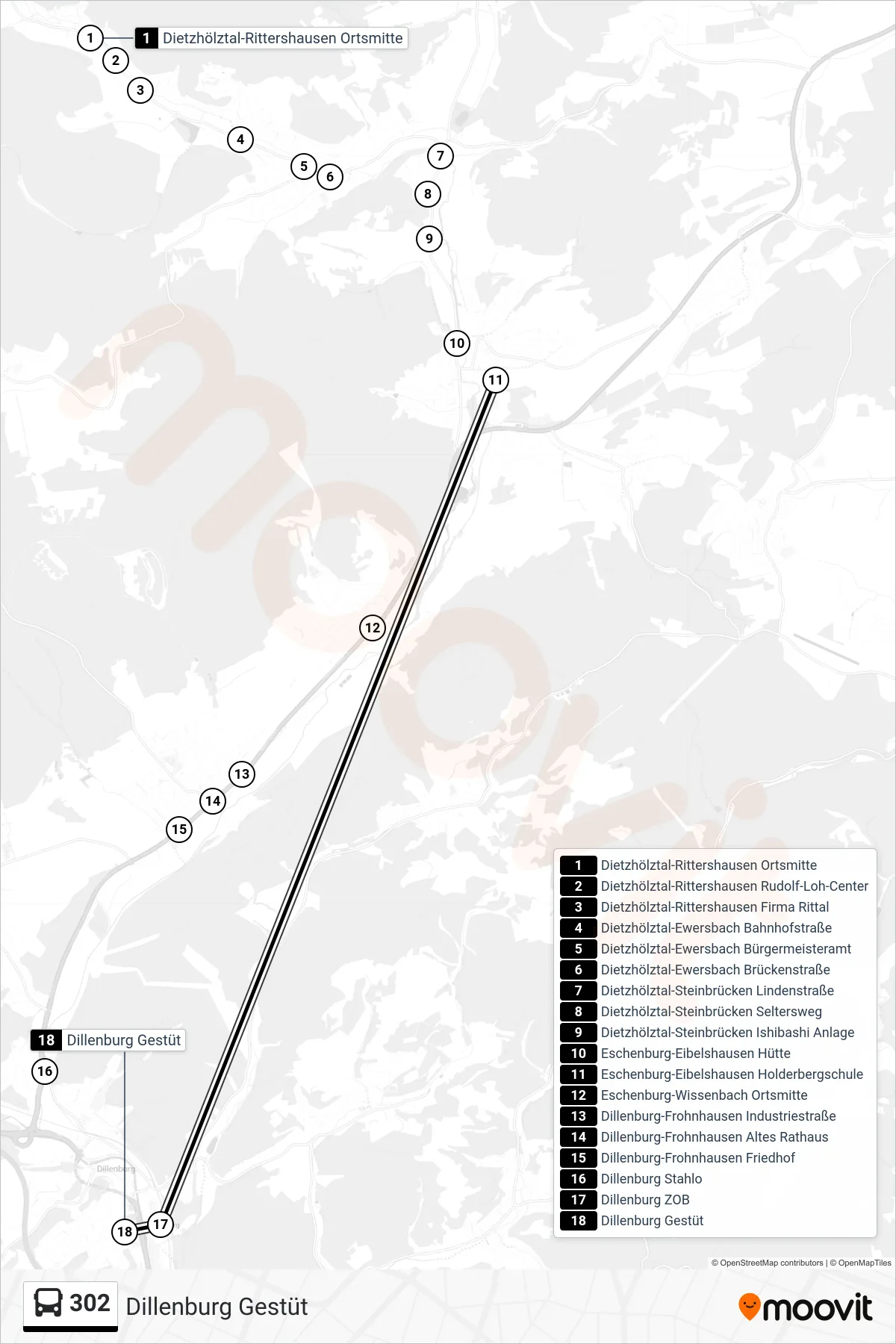 302 bus Line (Dillenburg Gestüt) route and stops on a map