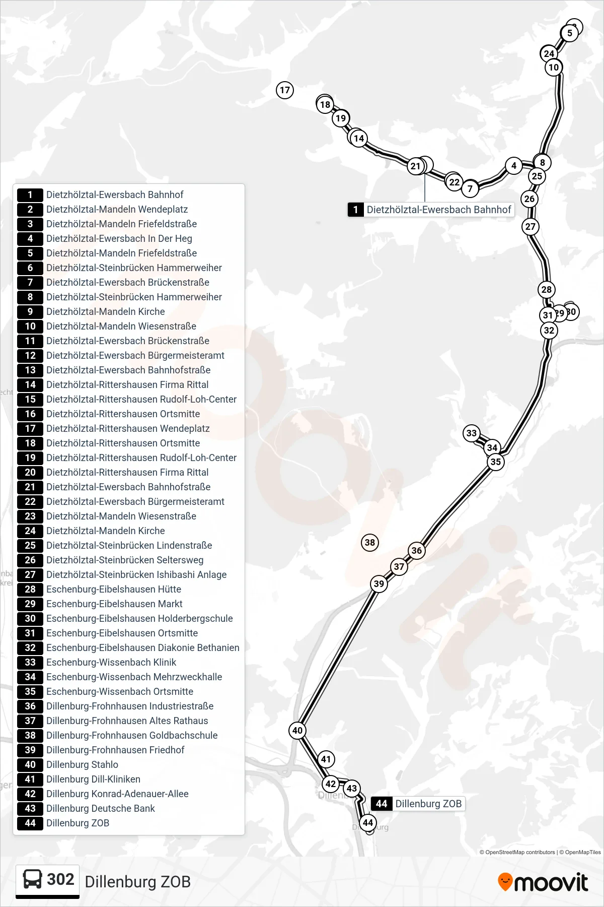 302 bus Line (Dillenburg ZOB) route and stops on a map