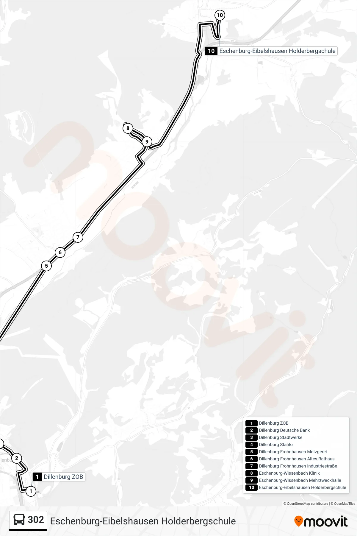 302 bus Line (Eschenburg-Eibelshausen Holderbergschule) route and stops on a map
