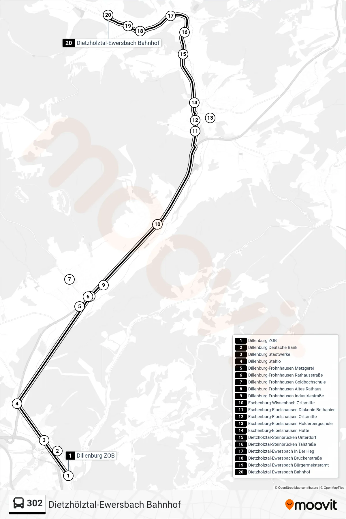 302 bus Line (Dietzhölztal-Ewersbach Bahnhof) route and stops on a map