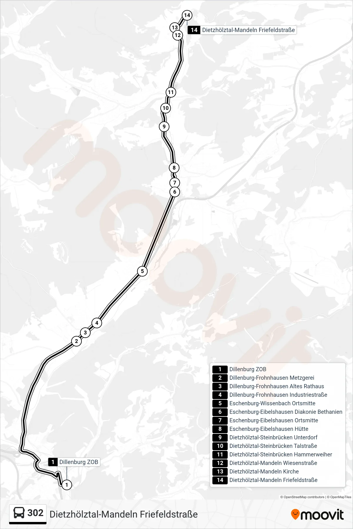 302 bus Line (Dietzhölztal-Mandeln Friefeldstraße) route and stops on a map