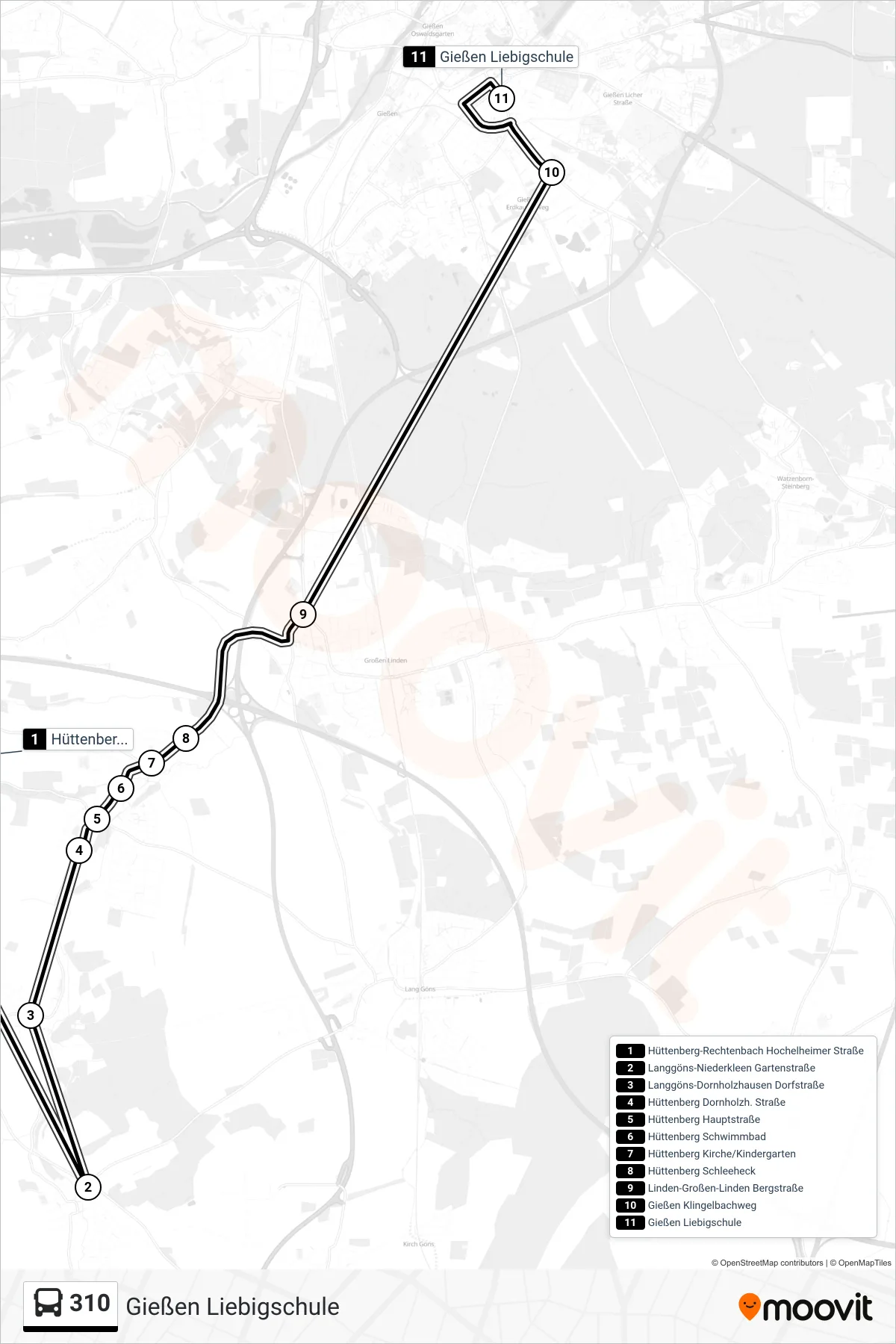 310 bus Line (Gießen Liebigschule) route and stops on a map