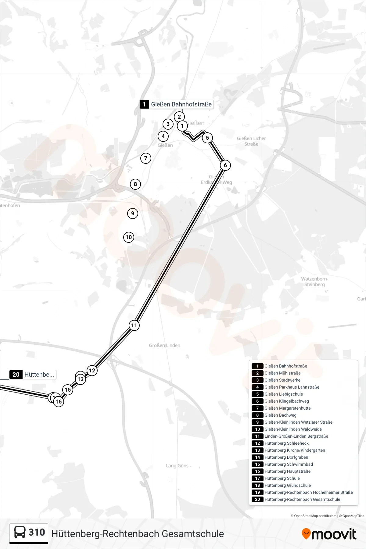 310 bus Line (Hüttenberg-Rechtenbach Gesamtschule) route and stops on a map