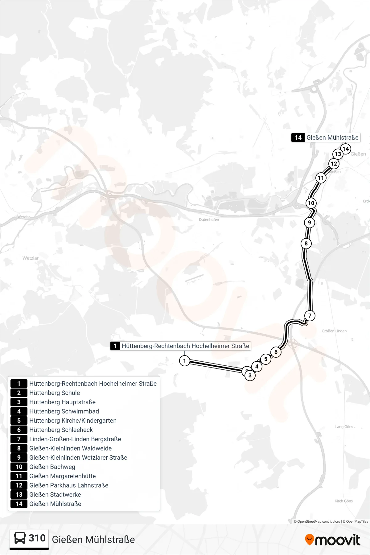 310 bus Line (Gießen Mühlstraße) route and stops on a map