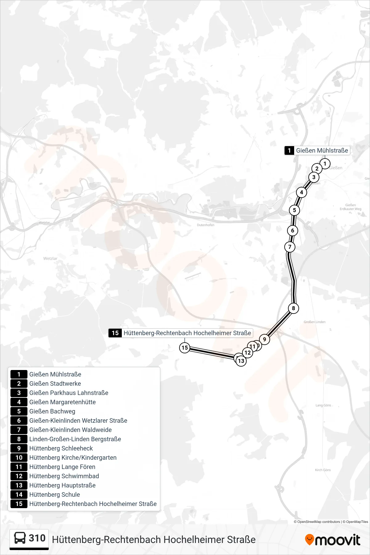 310 bus Line (Hüttenberg-Rechtenbach Hochelheimer Straße) route and stops on a map