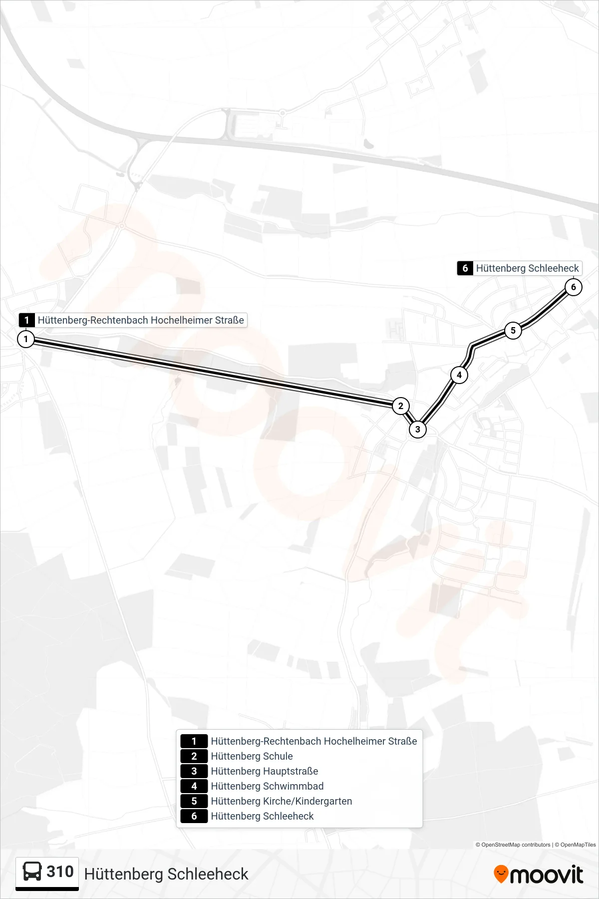 Linie 310 (Bus) Richtung Hüttenberg Schleeheck: Route und Haltestellen auf der Karte