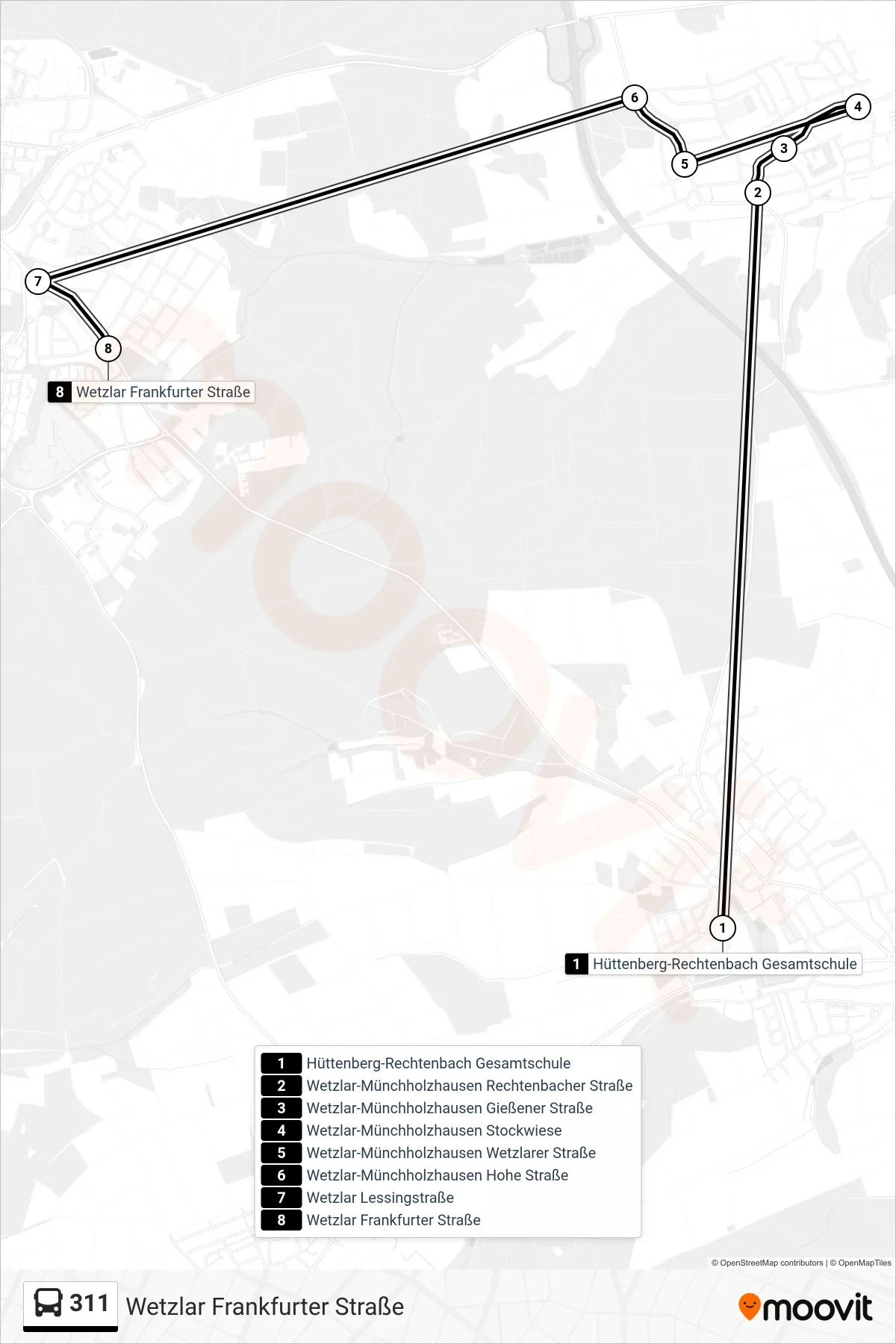 311 bus Line (Wetzlar Frankfurter Straße) route and stops on a map