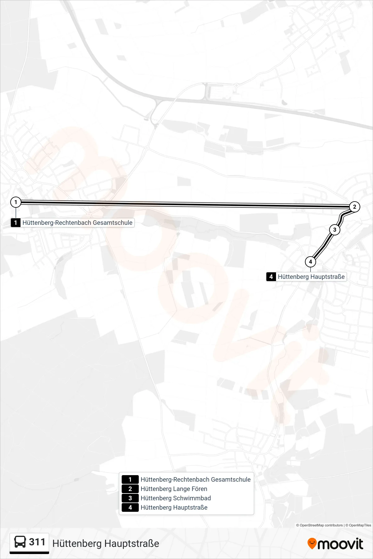 Linie 311 (Bus) Richtung Hüttenberg Hauptstraße: Route und Haltestellen auf der Karte