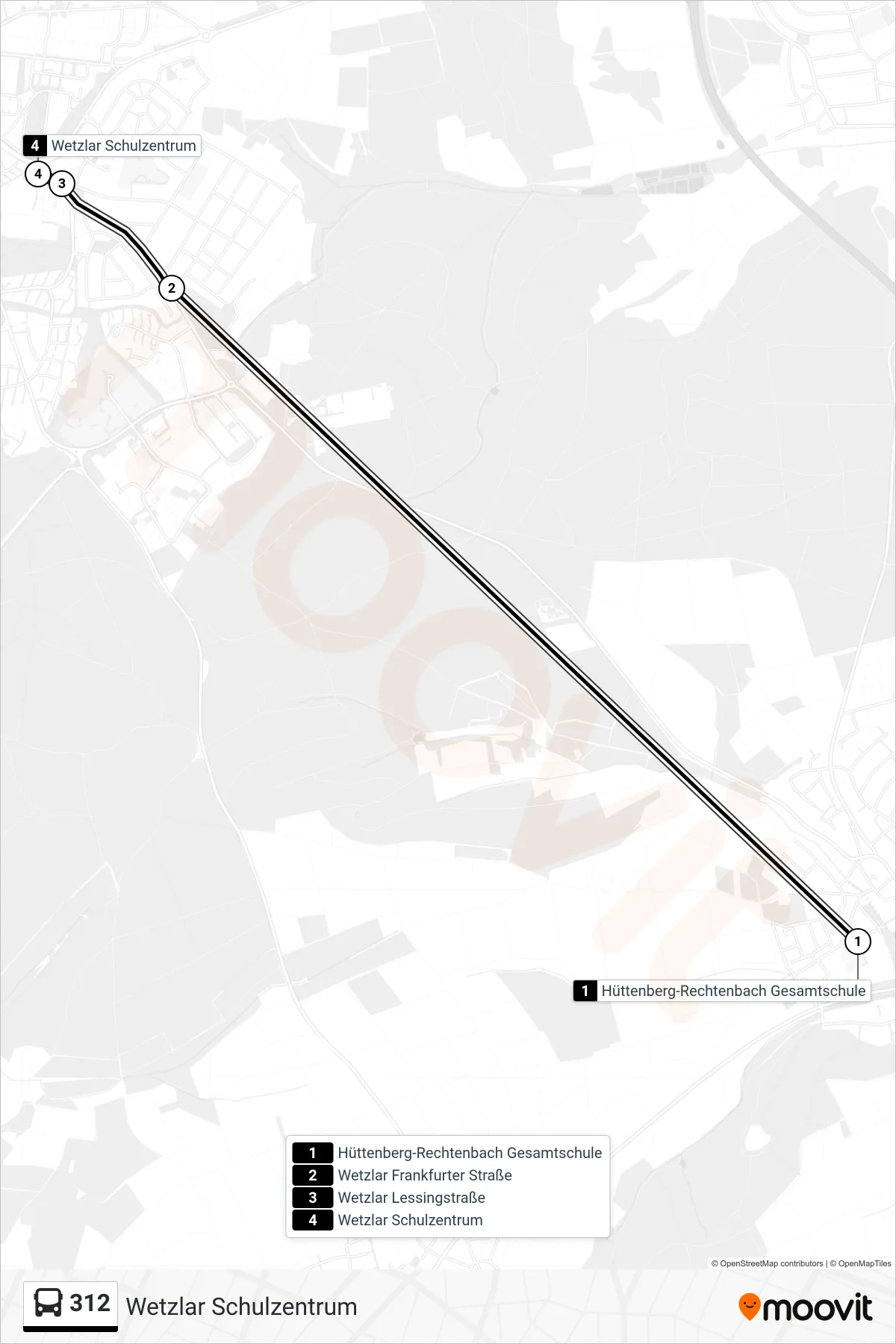 312 bus Line (Wetzlar Schulzentrum) route and stops on a map