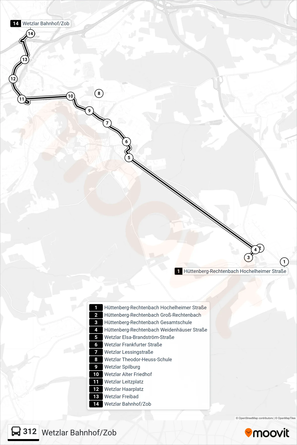 Linie 312 (Bus) Richtung Wetzlar Bahnhof/Zob: Route und Haltestellen auf der Karte