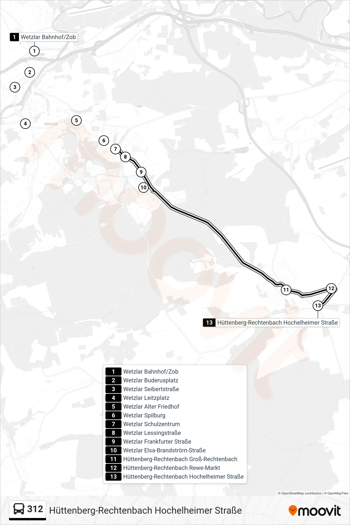 312 bus Line (Hüttenberg-Rechtenbach Hochelheimer Straße) route and stops on a map