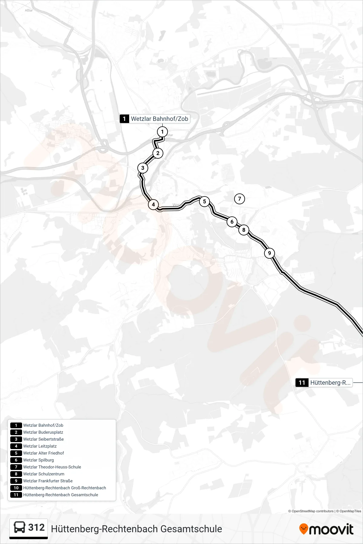 312 bus Line (Hüttenberg-Rechtenbach Gesamtschule) route and stops on a map