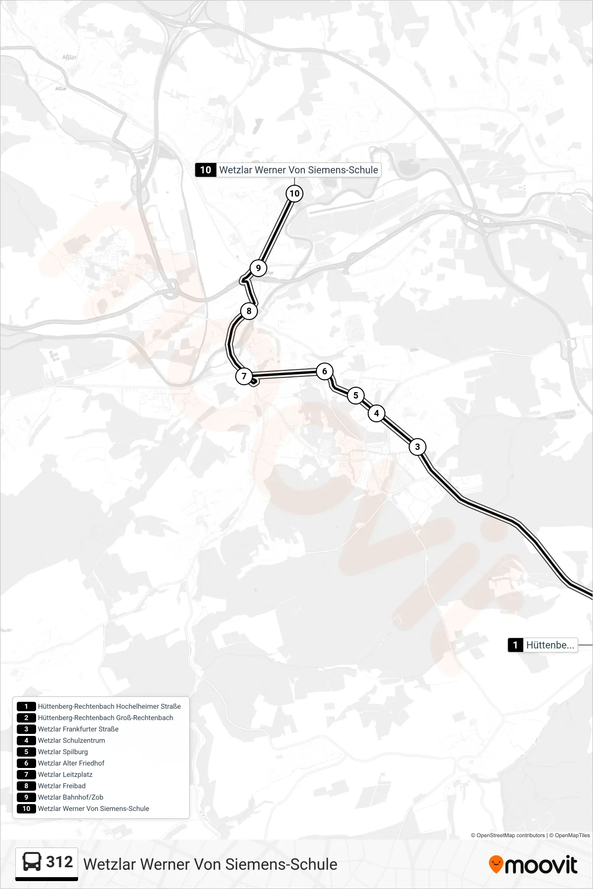 312 bus Line (Wetzlar Werner Von Siemens-Schule) route and stops on a map