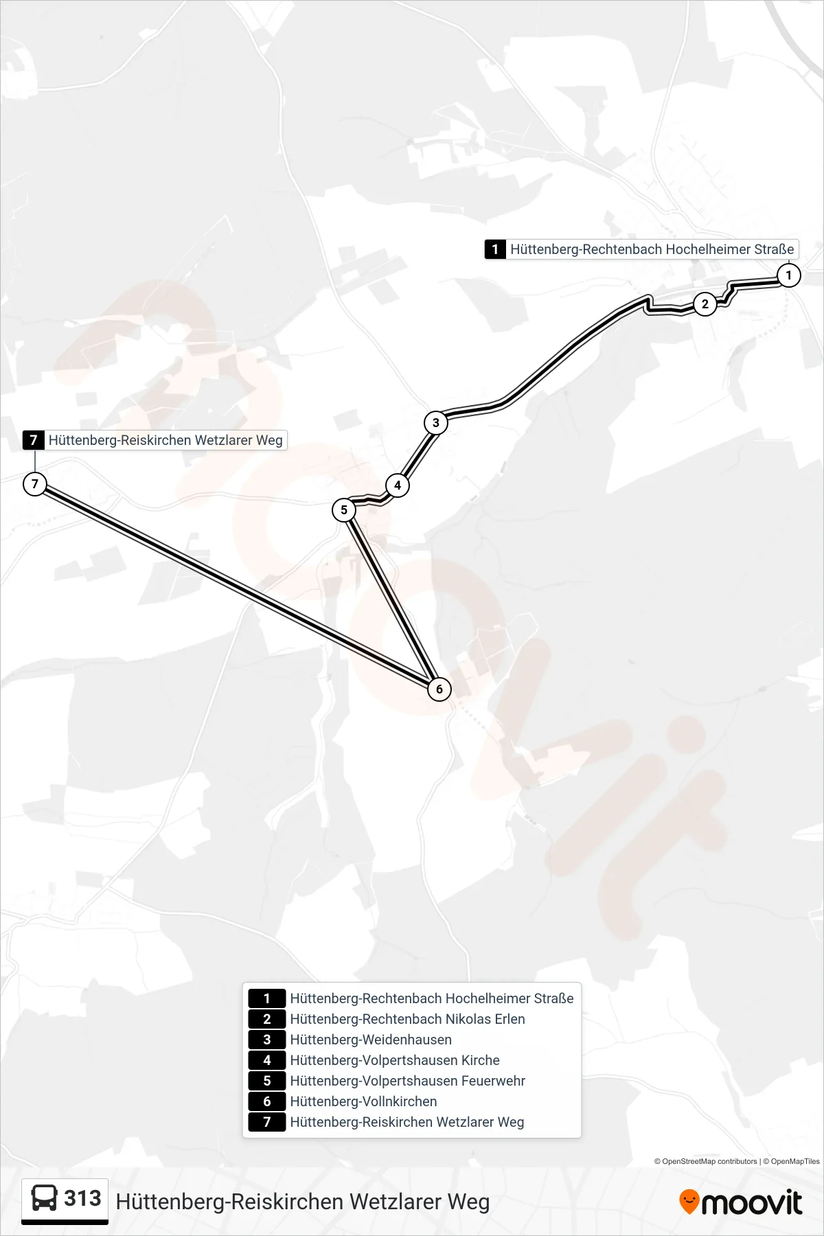 Linie 313 (Bus) Richtung Hüttenberg-Reiskirchen Wetzlarer Weg: Route und Haltestellen auf der Karte