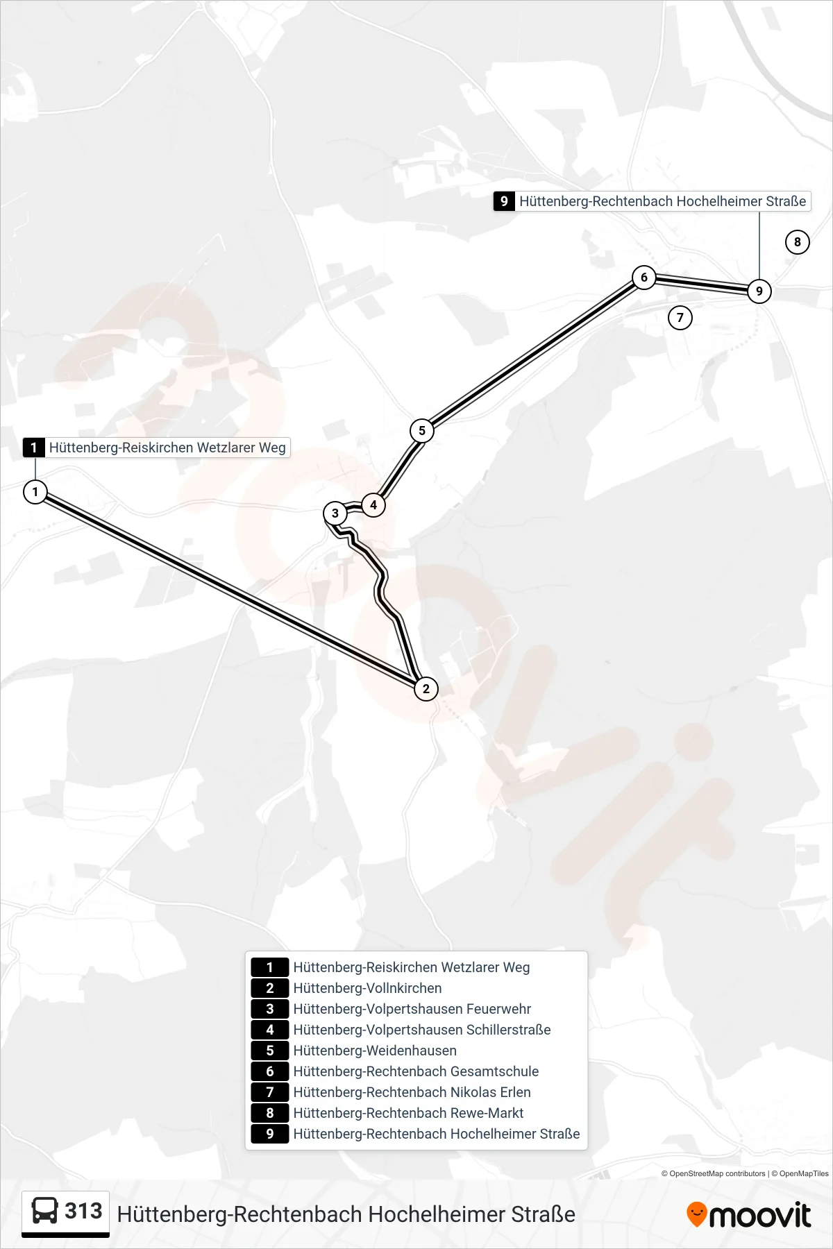 313 bus Line (Hüttenberg-Rechtenbach Hochelheimer Straße) route and stops on a map