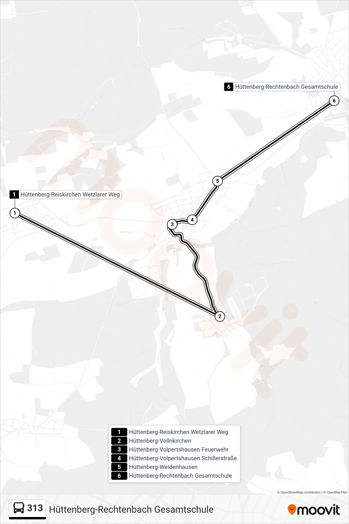 313 bus Line (Hüttenberg-Rechtenbach Gesamtschule) route and stops on a map