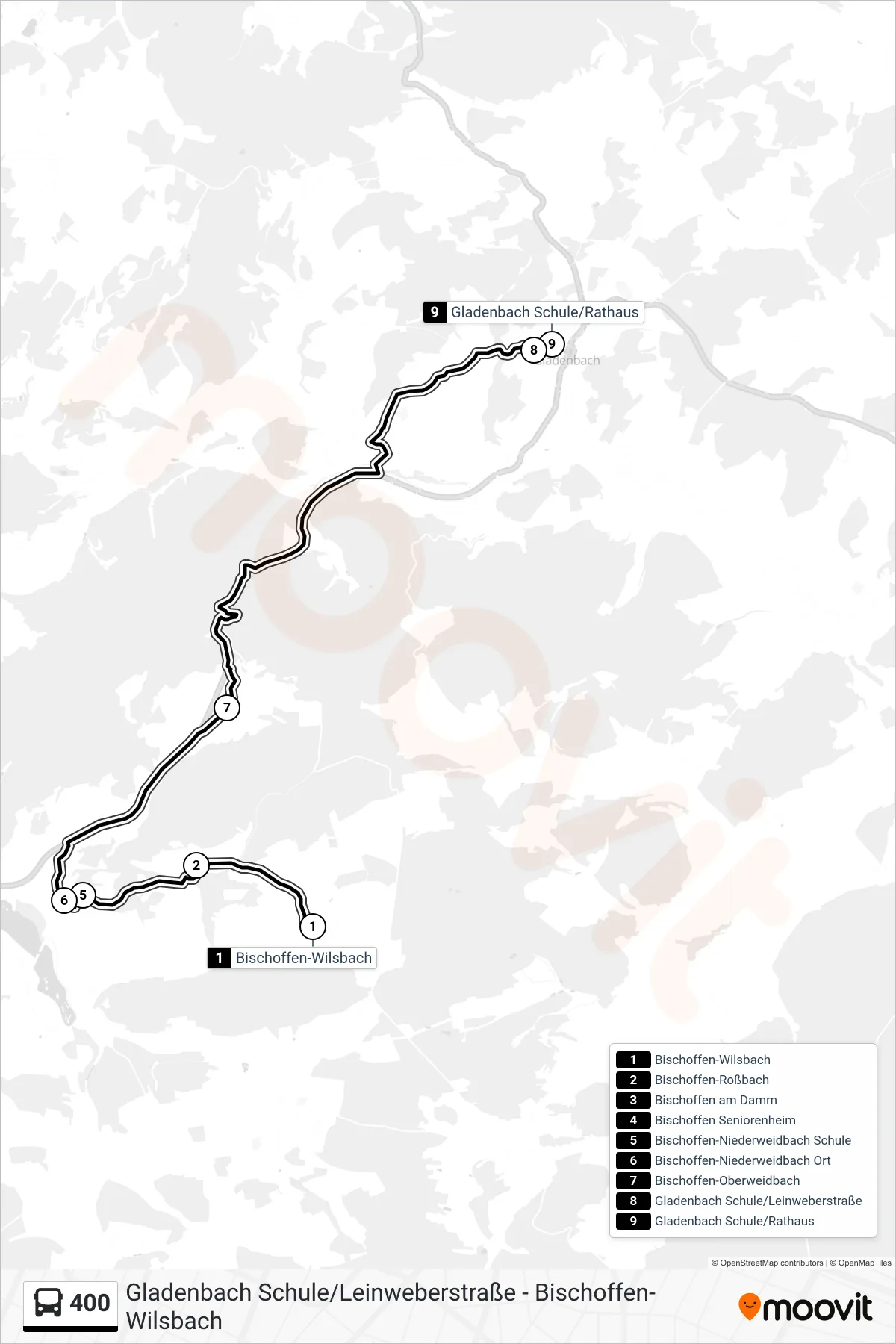 400 bus Line (Gladenbach Schule/Rathaus) route and stops on a map