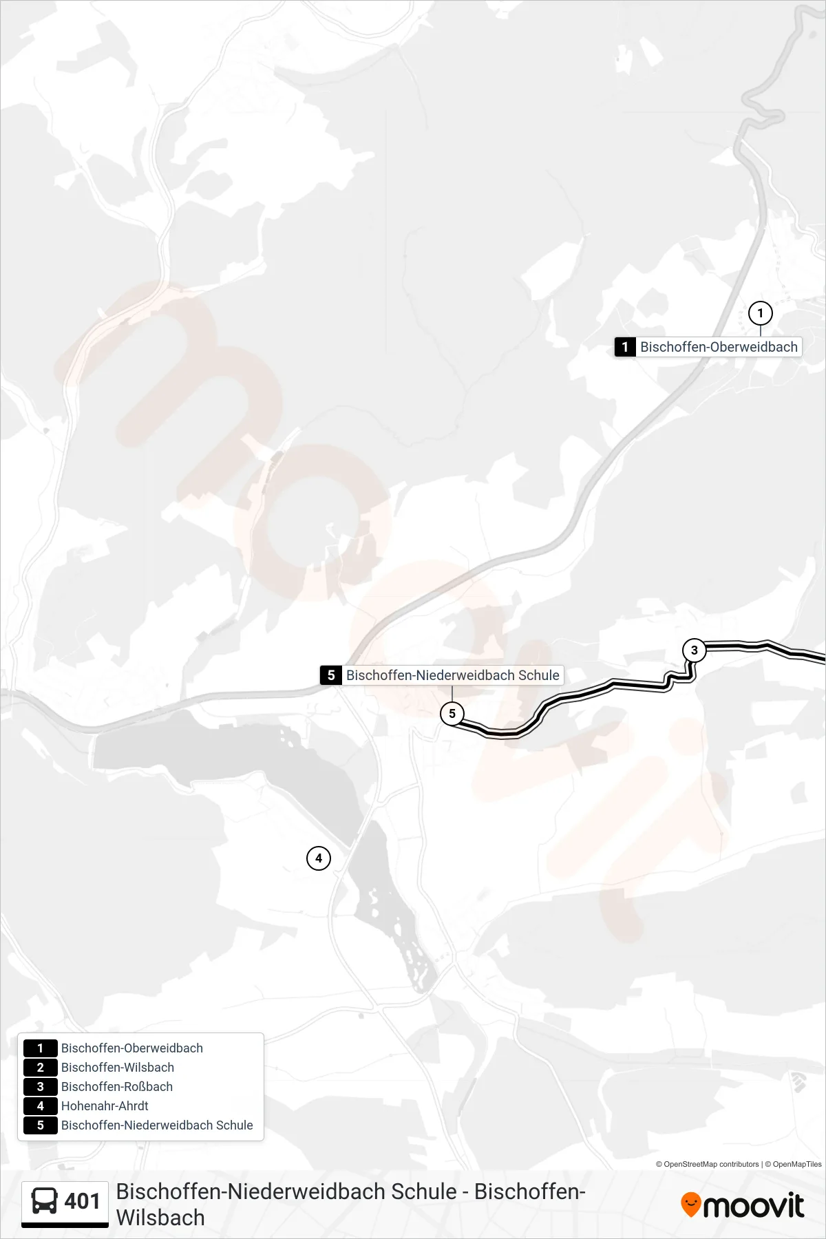 401 bus Line (Bischoffen-Niederweidbach Schule) route and stops on a map