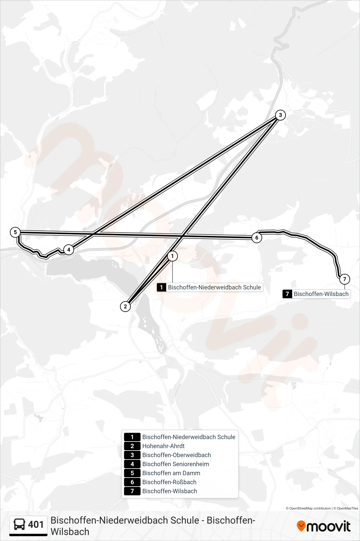 401 bus Line (Bischoffen-Wilsbach) route and stops on a map