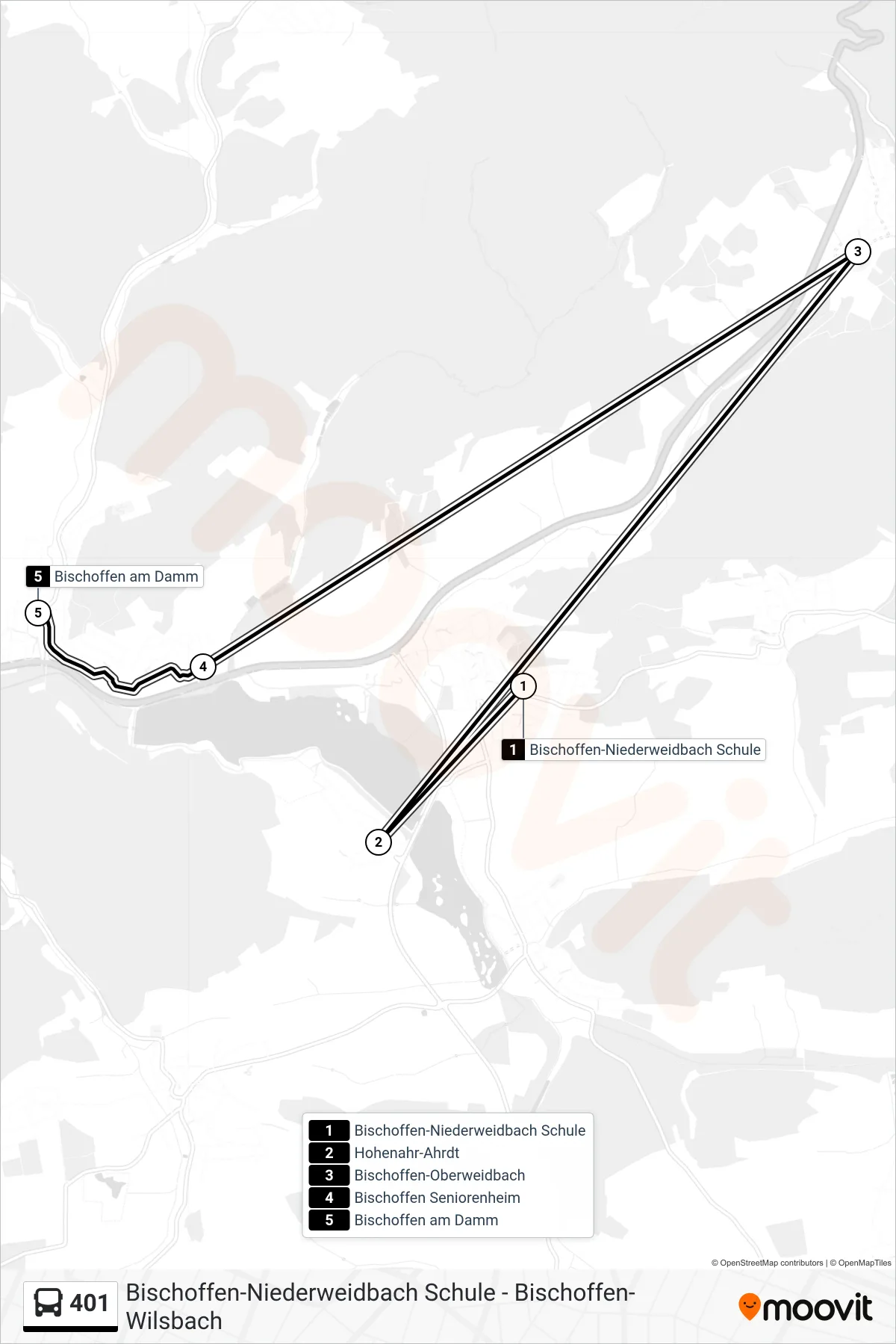 401 bus Line (Bischoffen am Damm) route and stops on a map