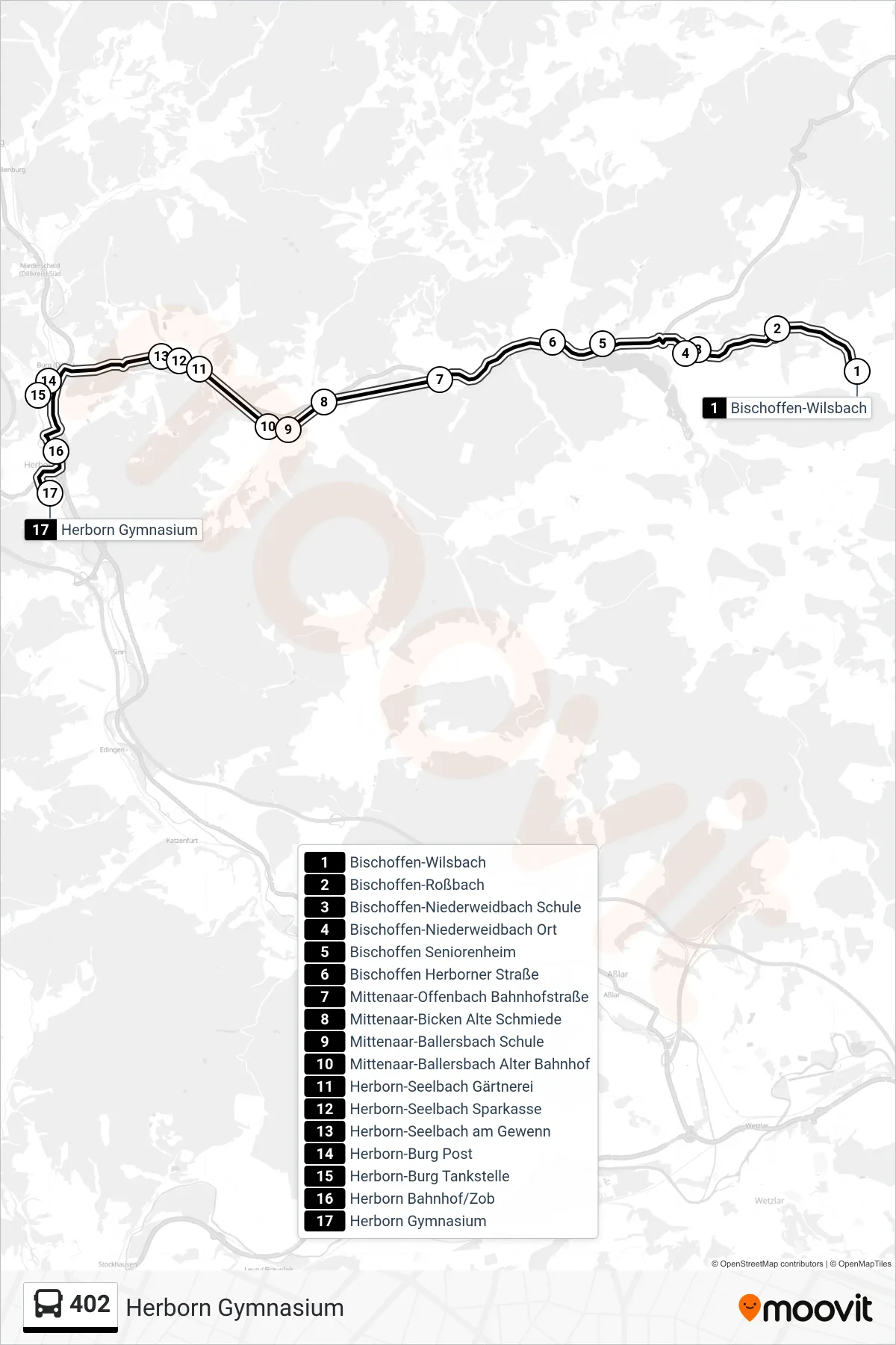 402 bus Line (Herborn Gymnasium) route and stops on a map