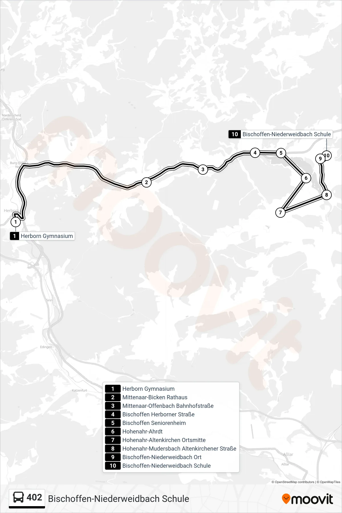 402 bus Line (Bischoffen-Niederweidbach Schule) route and stops on a map