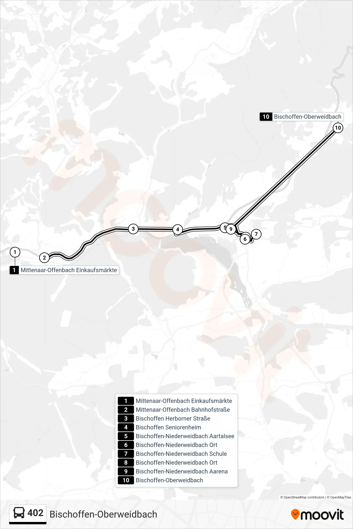 402 bus Line (Bischoffen-Oberweidbach) route and stops on a map