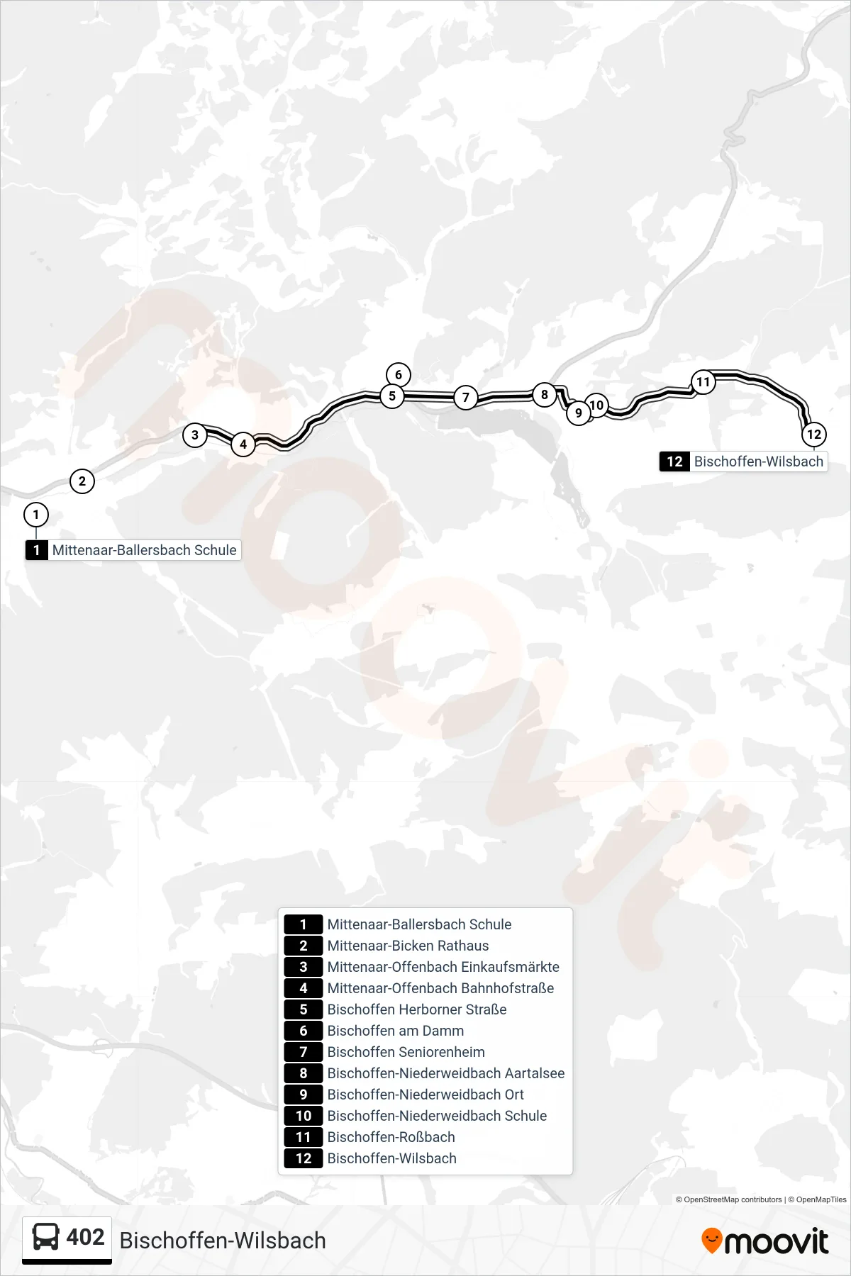 Linie 402 (Bus) Richtung Bischoffen-Wilsbach: Route und Haltestellen auf der Karte