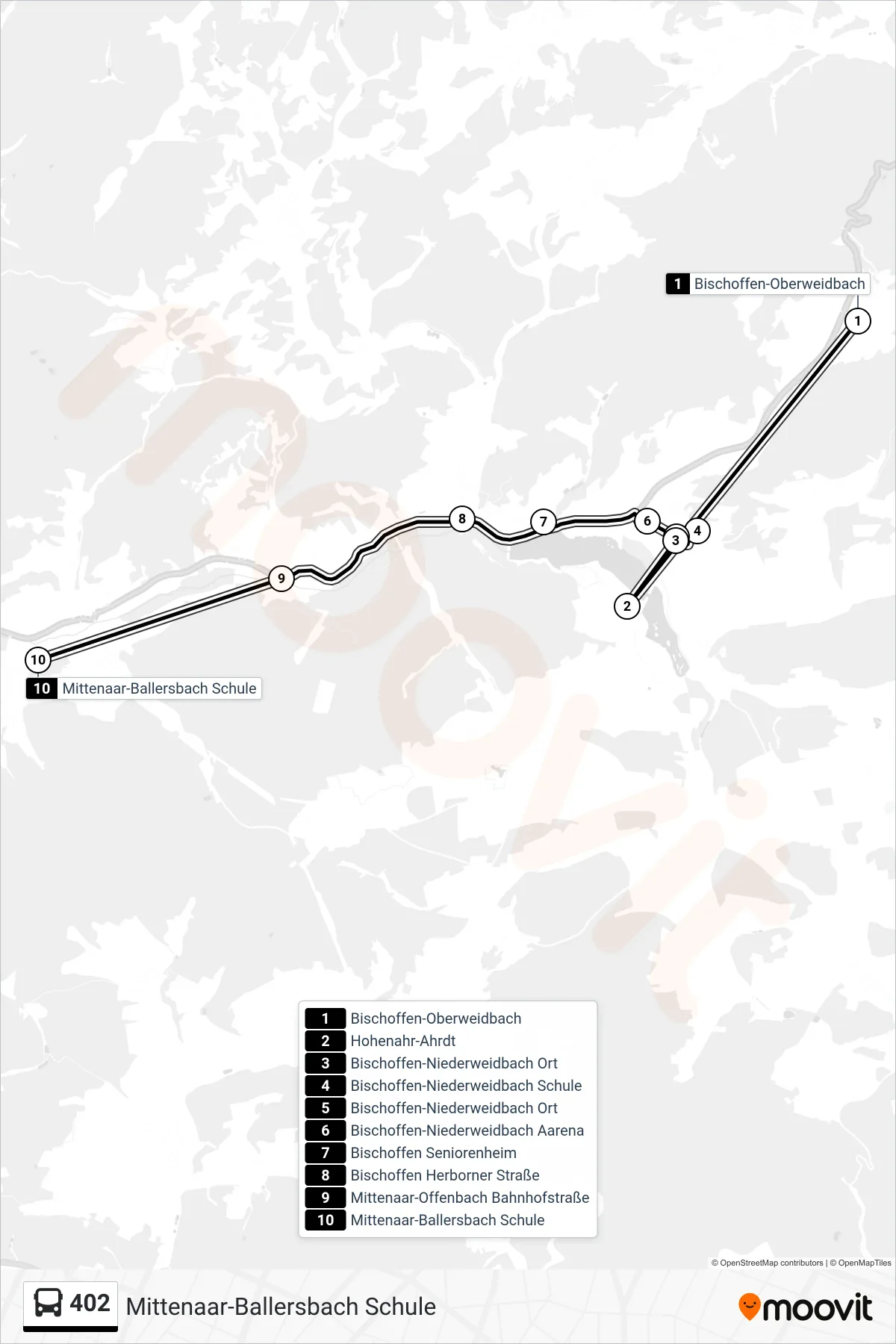 402 bus Line (Mittenaar-Ballersbach Schule) route and stops on a map