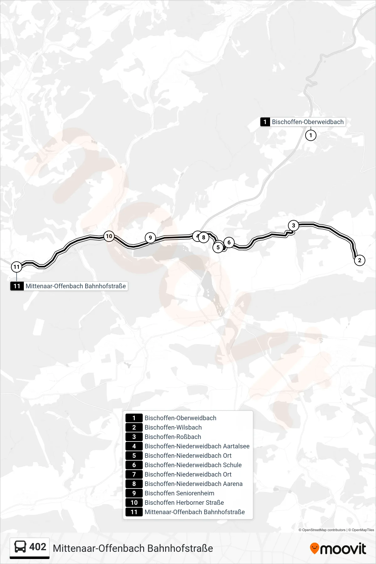 402 bus Line (Mittenaar-Offenbach Bahnhofstraße) route and stops on a map