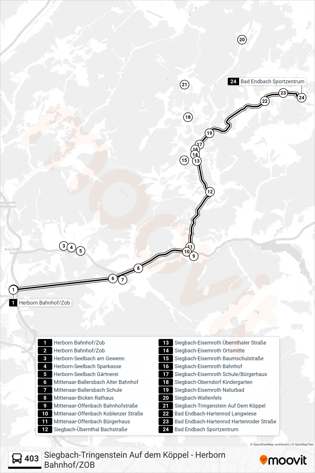 403 bus Line (Bad Endbach Sportzentrum) route and stops on a map