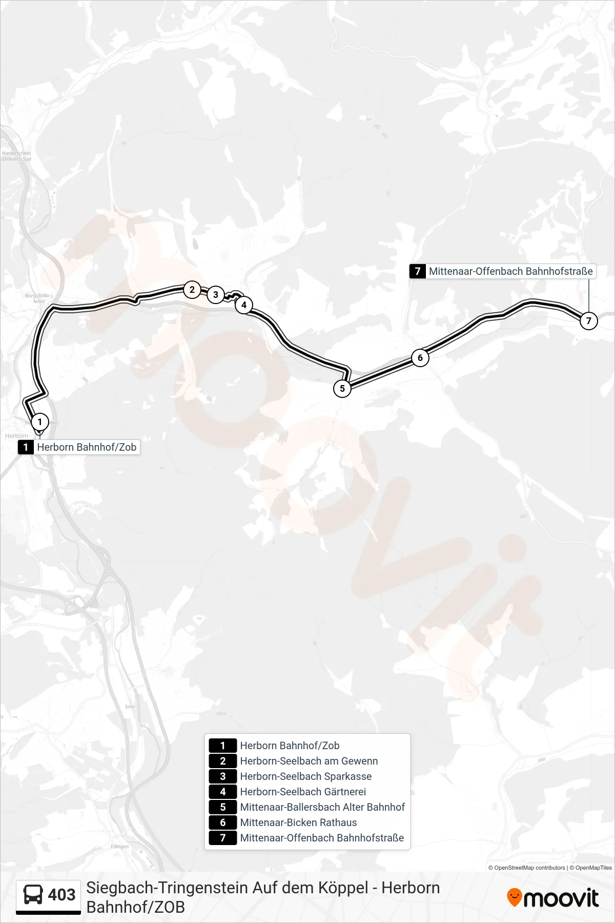 403 bus Line (Mittenaar-Offenbach Bahnhofstraße) route and stops on a map