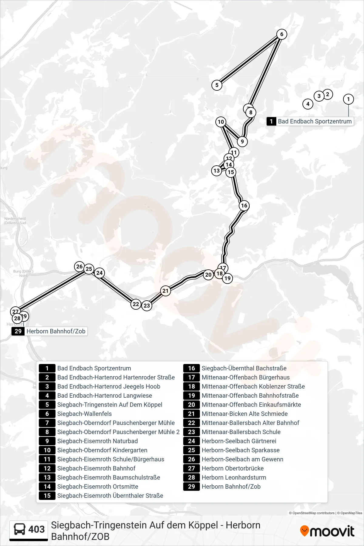 Linie 403 (Bus) Richtung Herborn Bahnhof/Zob: Route und Haltestellen auf der Karte