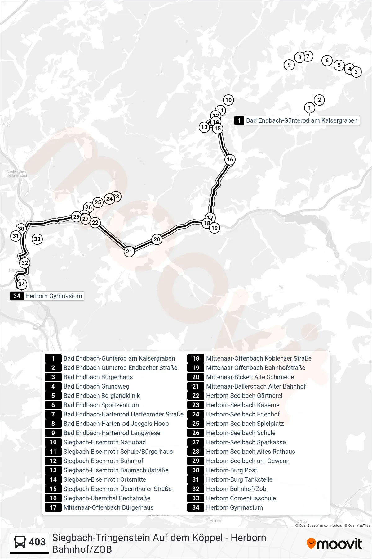 403 bus Line (Herborn Gymnasium) route and stops on a map