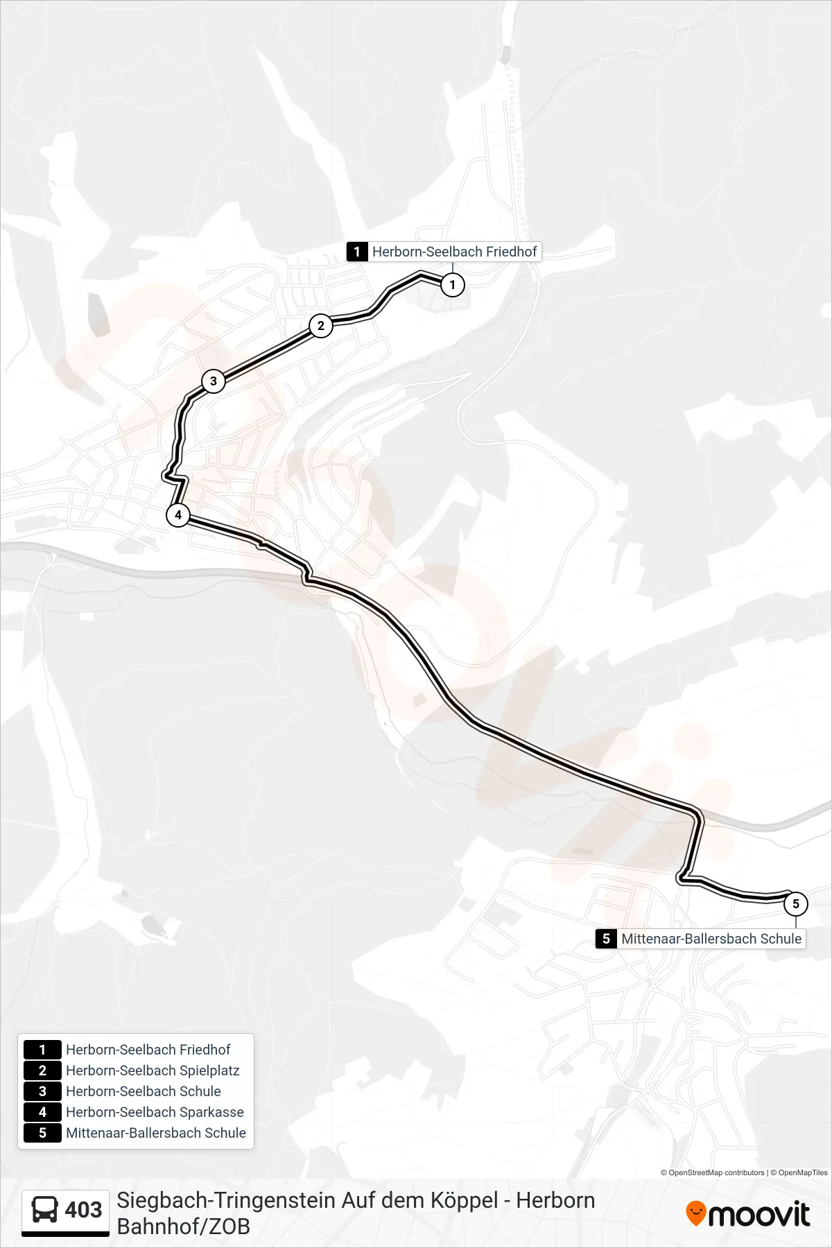 403 bus Line (Mittenaar-Ballersbach Schule) route and stops on a map